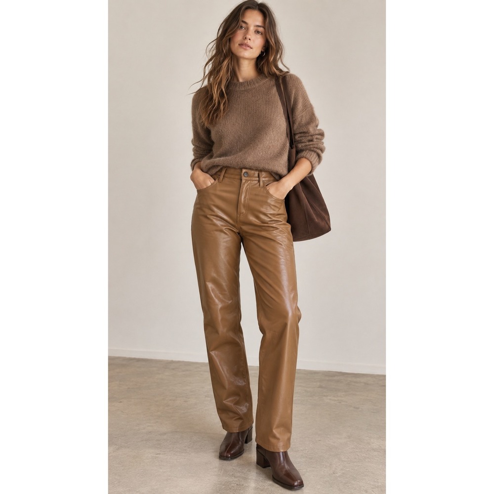 Abercrombie & Fitch Curve Love 90s Straight Ultra High Rise Vegan Leather Tan 29